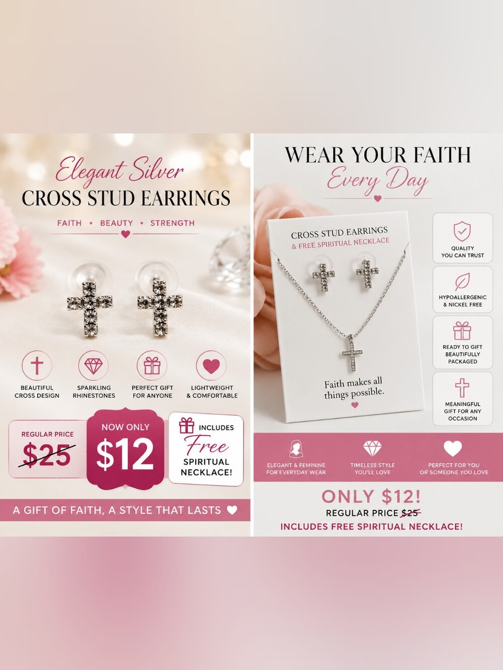 Sparkling Silver-Tone Cross Stud Earrings + FREE Spiritual Necklace